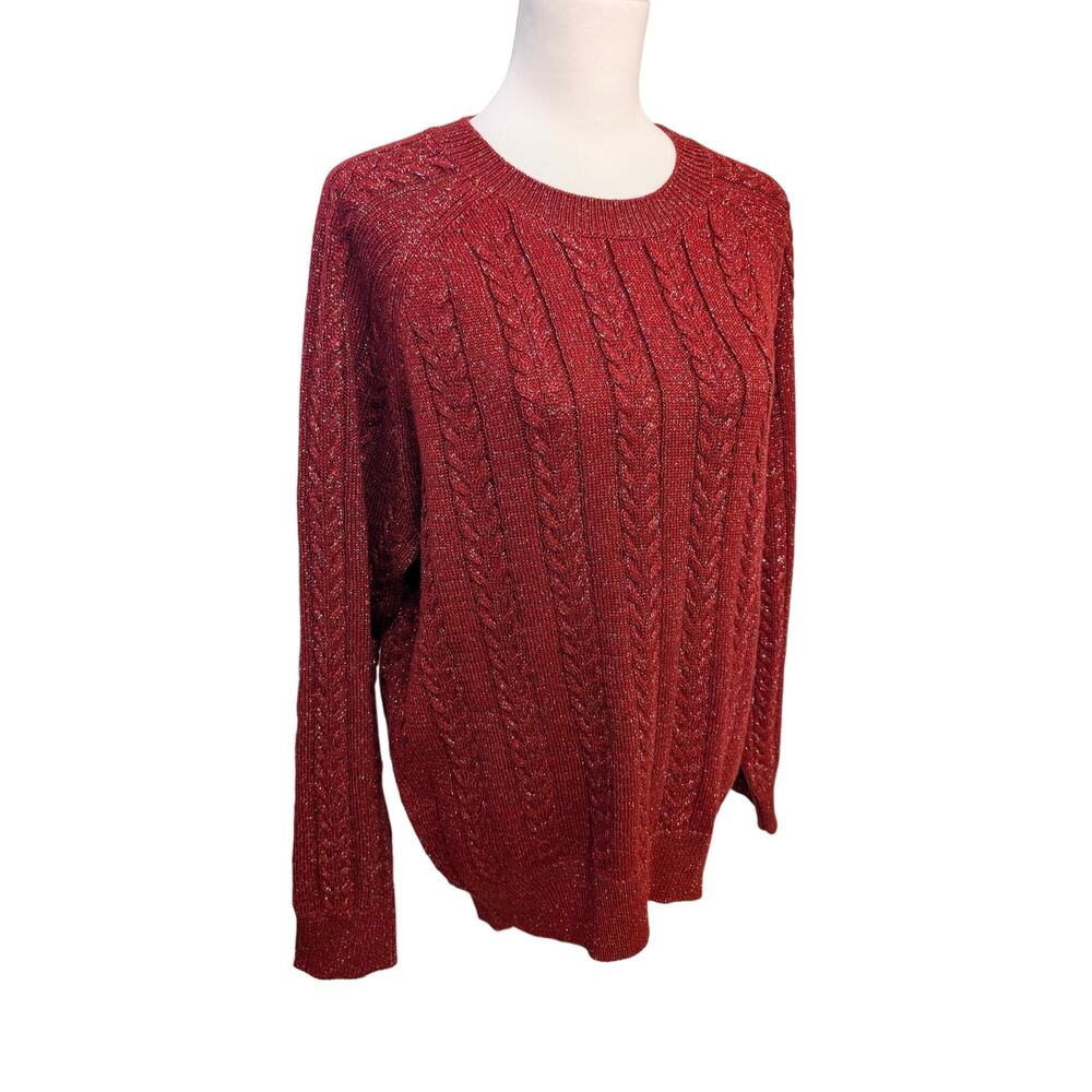 Athleta Long Sleeve Crossroads‎ Crew Red Sparkle Cable Knit Sweater Size M Wool